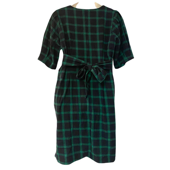 Eloquii Cotton Flannel Green Navy Plaid Tie Back Office Casual Fall Winter Dress - Picture 5 of 16